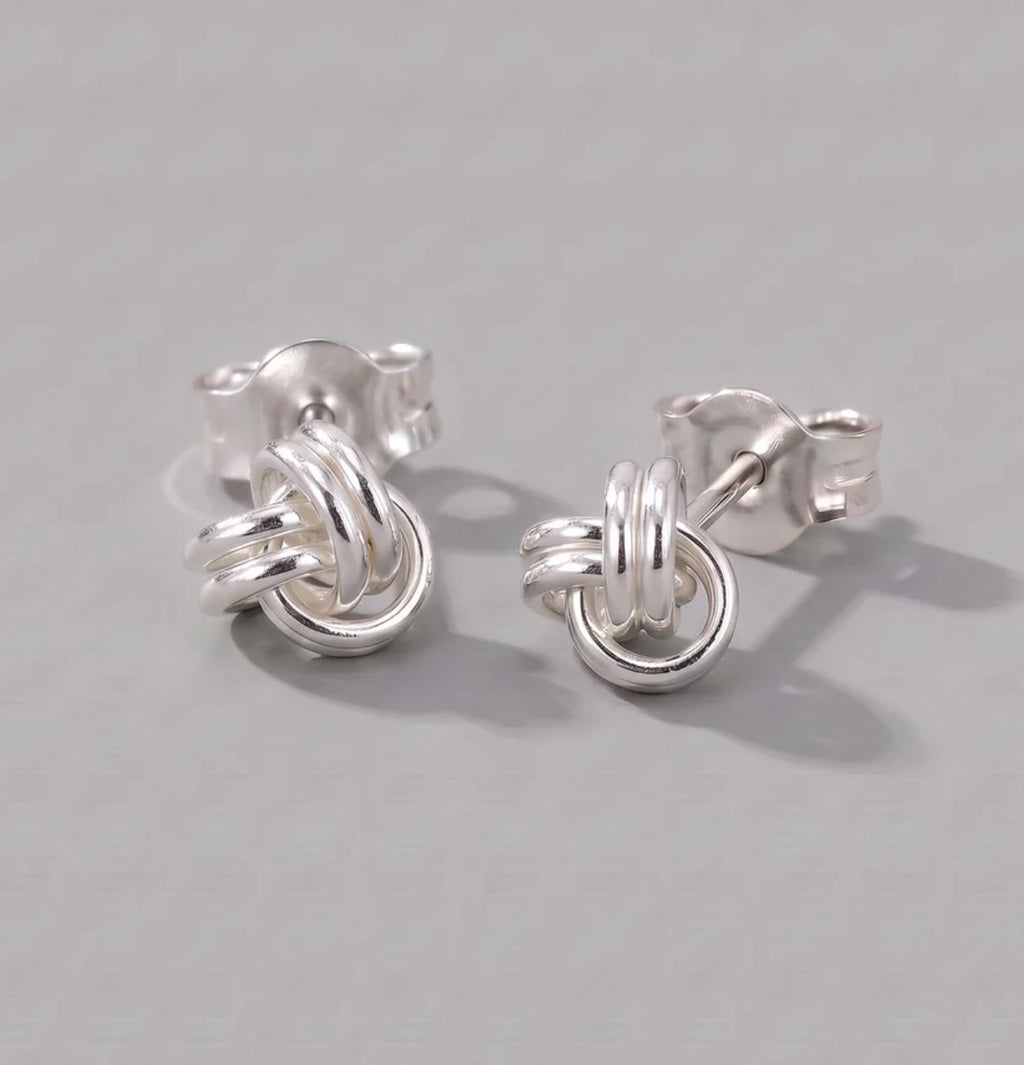 Sterling silver knot stud earrings detail view 1