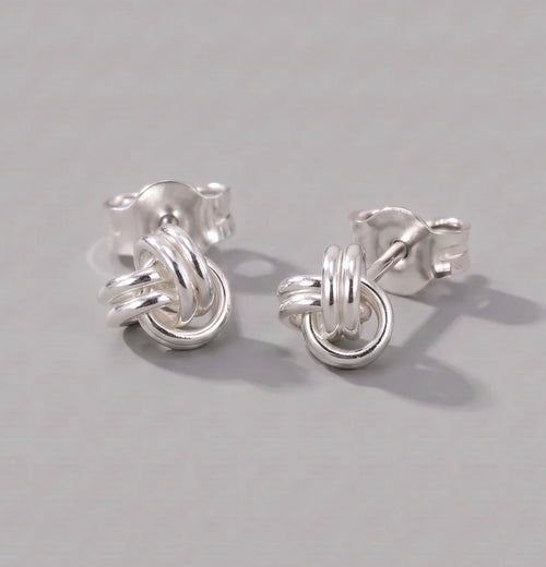Sterling silver knot stud earrings detail view 1