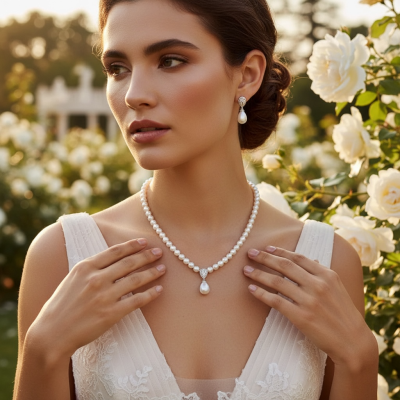 Pearl and crystal wedding jewellery set product detail