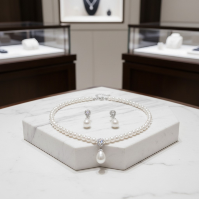 Silver-tone pearl and crystal necklace and drop earrings
