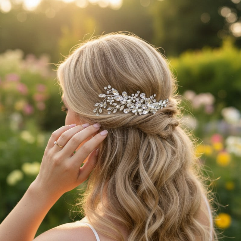 Gold-plated pearl and crystal wedding hair accessory