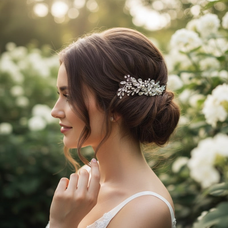 Flexible pearl and crystal bridal hair clip detail