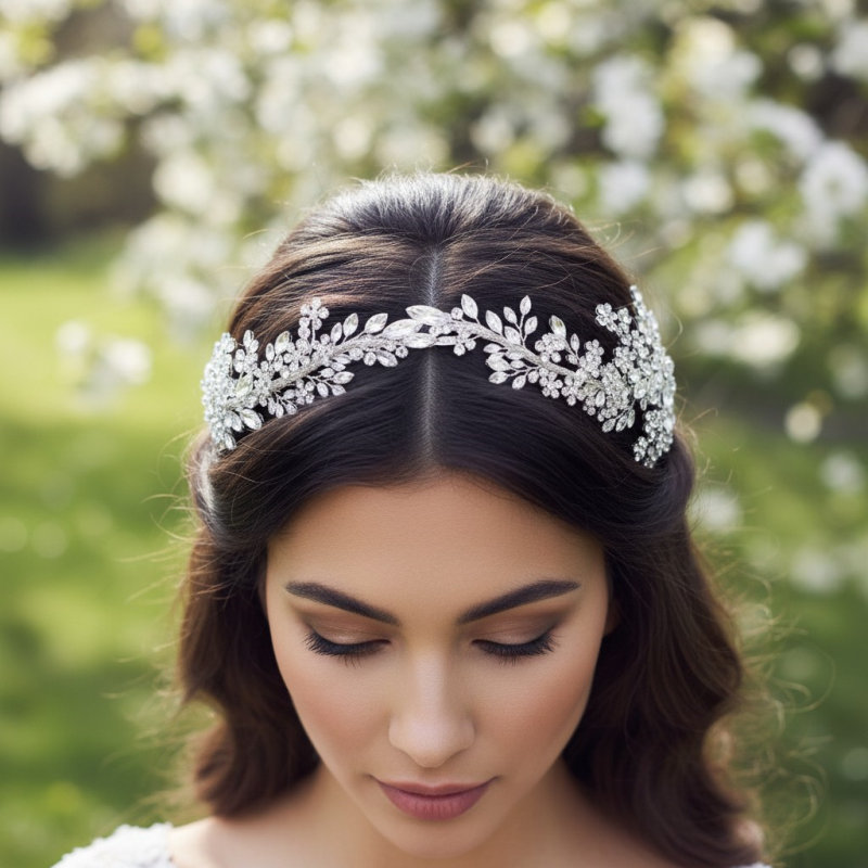 Crystal flower and leaf bridal hair set detail