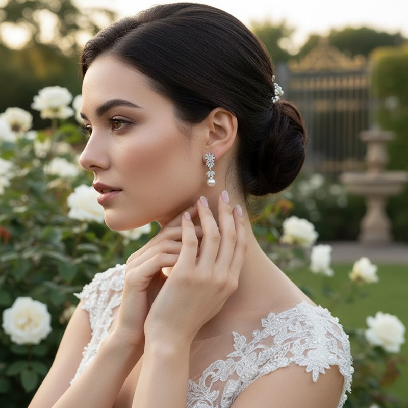 Bride wearing silver cubic zirconia and pearl drop earrings