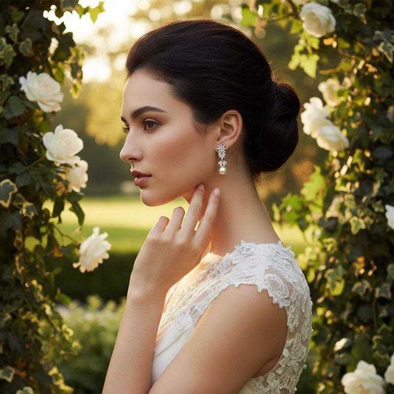 Bridal styling with silver crystal and pearl drop earrings
