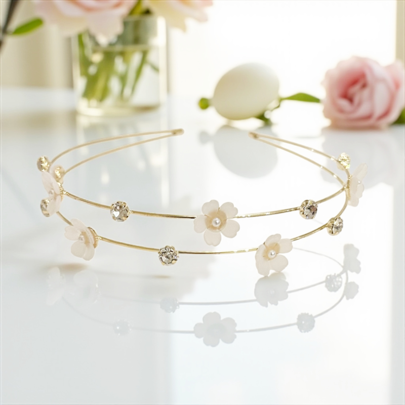 Double-row floral bridesmaid headband with pearl and crystal detail