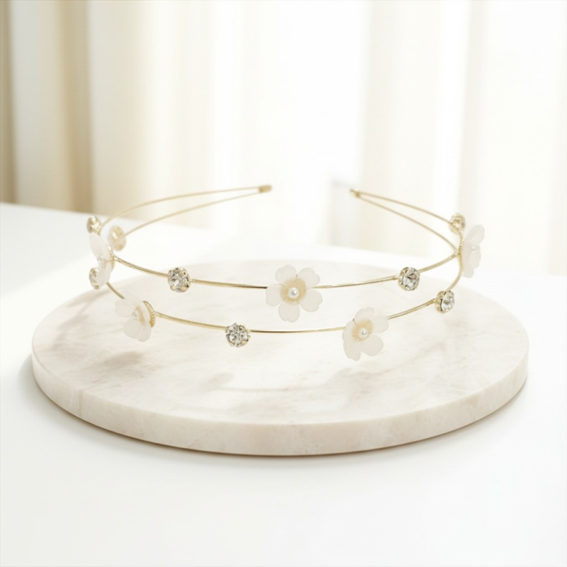 Gold-tone floral headband with simulated pearl centres