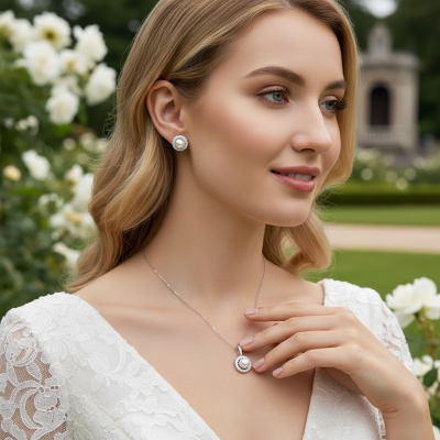 Freshwater pearl and 925 sterling silver necklace and earring set