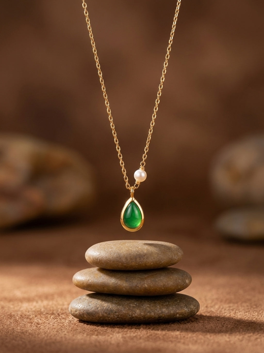Natural green onyx teardrop necklace displayed above stacked stones