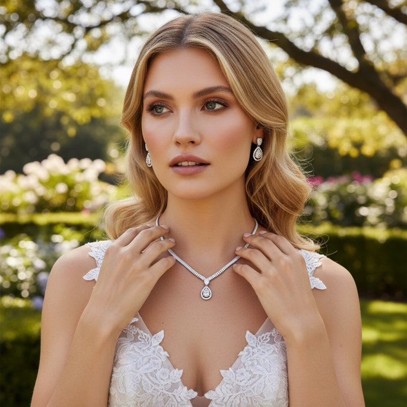 Cubic zirconia bridal necklace and matching drop earring set