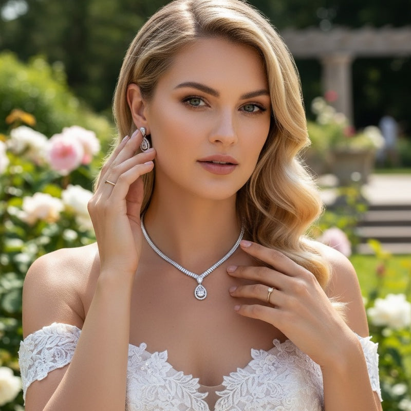 Cubic zirconia wedding jewellery set with drop earrings
