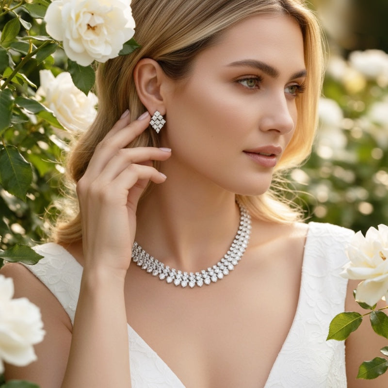 Crystal bridal necklace and matching geometric earrings